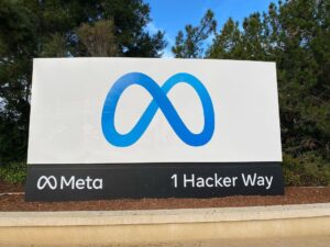 Entrance sign at Meta's headquarters complex in Menlo Park, California